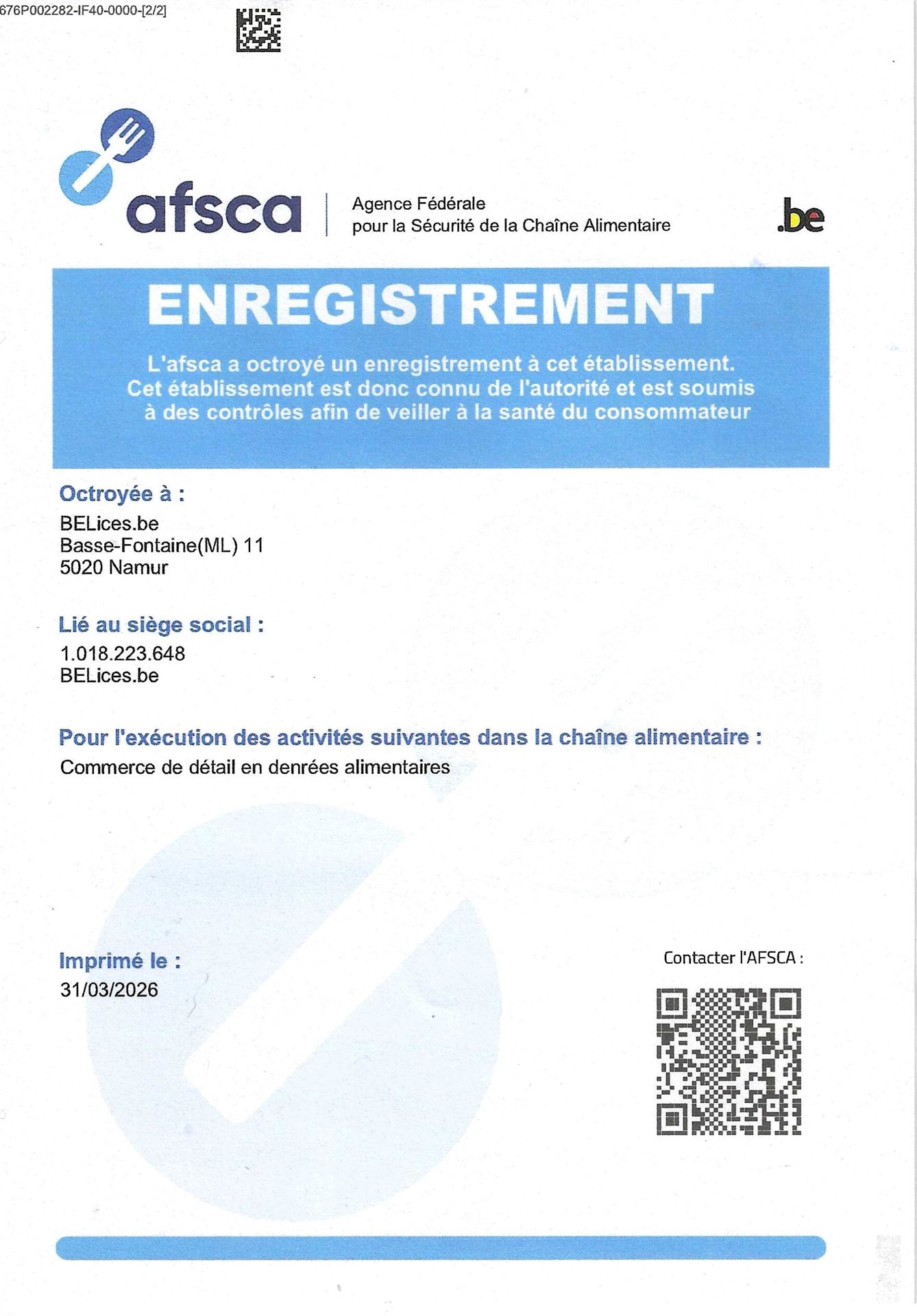 Attestation AFSCA
