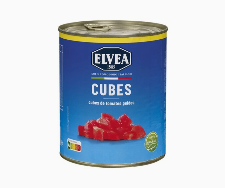 ELVEA – Gepelde tomaten in blokjes 800g